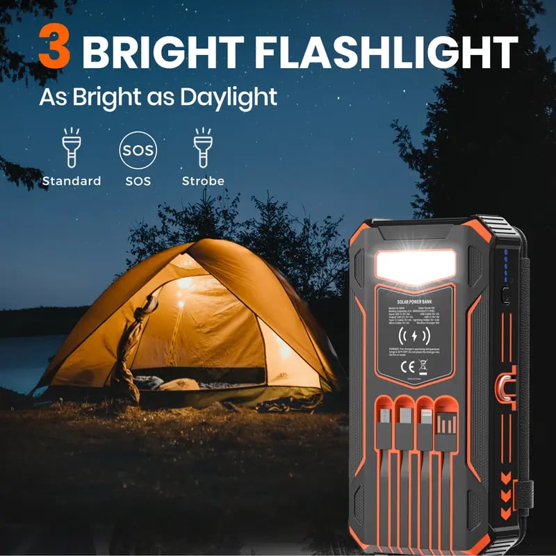 High-Capacity Solar Charger Power Bank, 6W Fast Charging, 4 Built-in Cables & 7 Outputs
