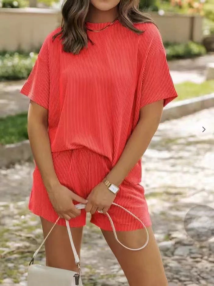 Women's Solid Twisted Ribbed Knit Textured Pocket Shorts Set