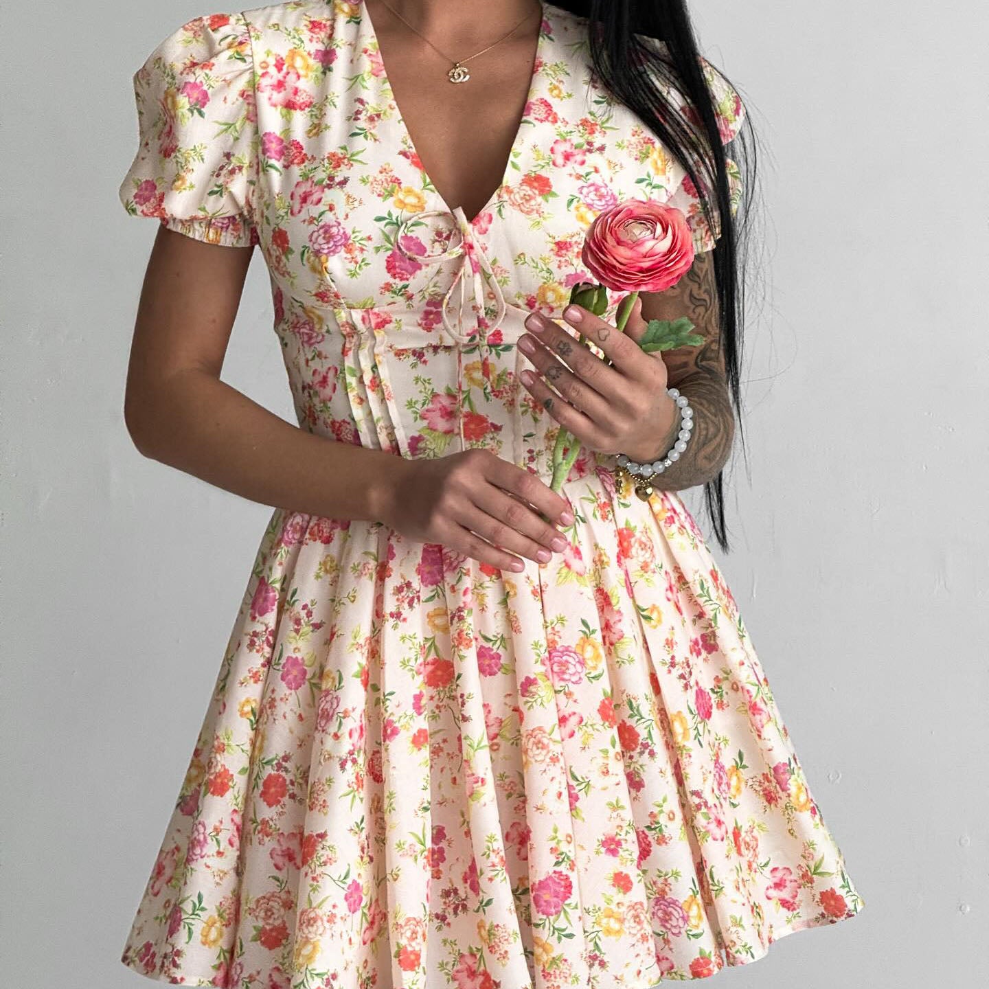 Sweetheart Floral Bubble Sleeve Dress