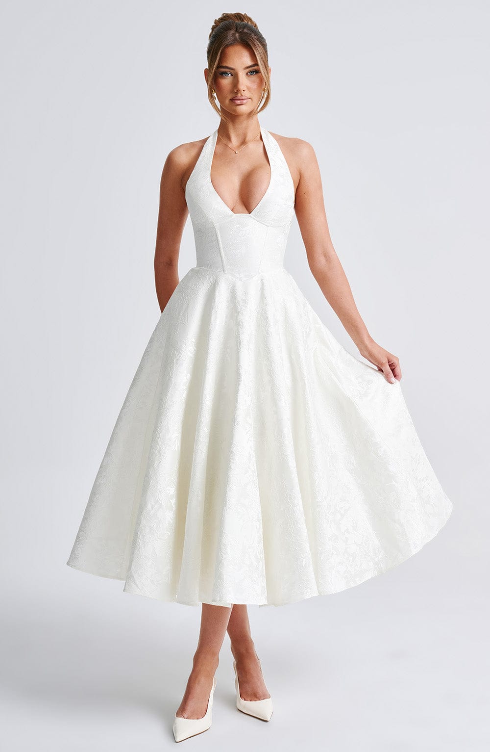 Satin Floral Jacquard Prom Midi Dress