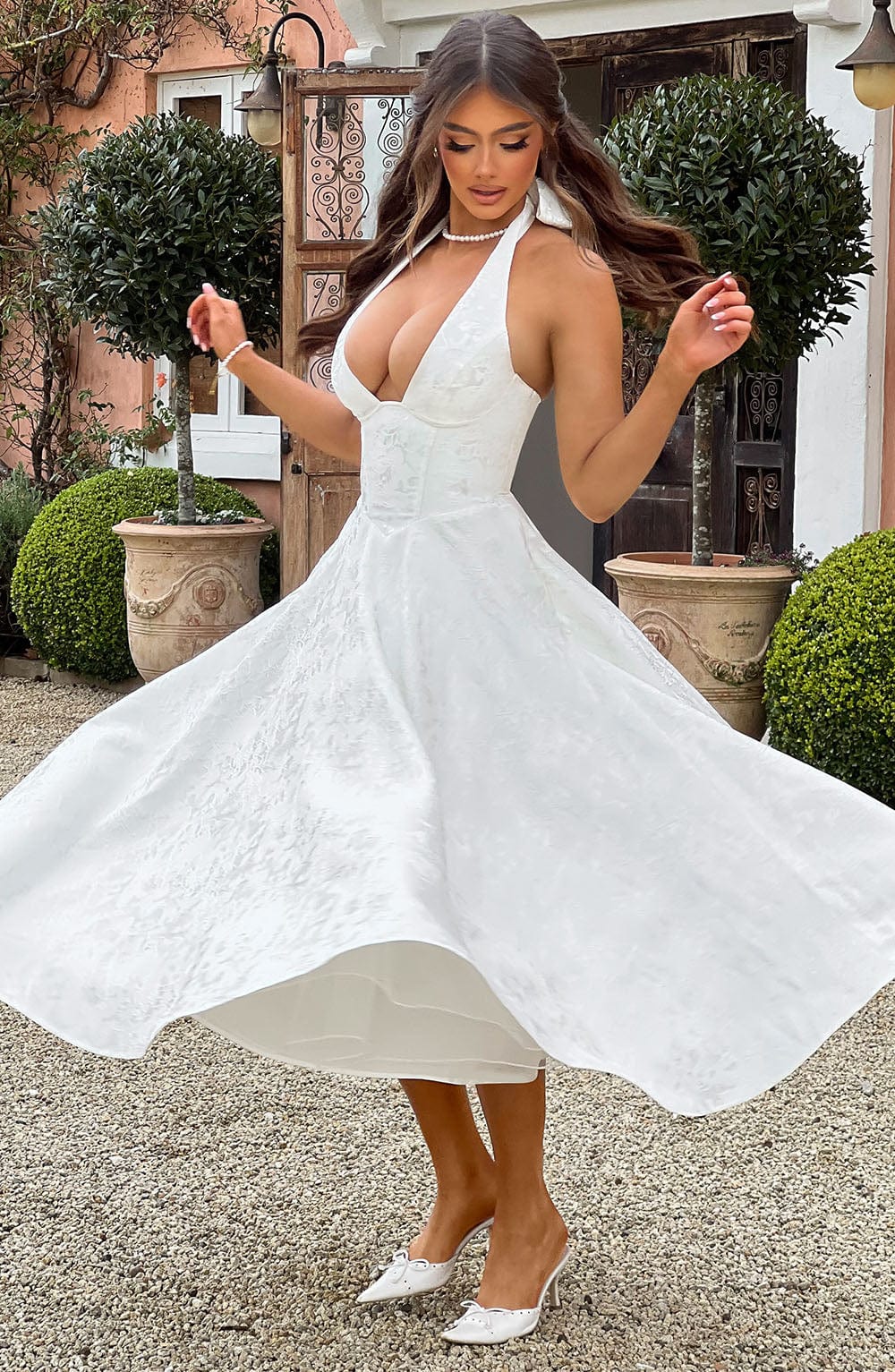 Satin Floral Jacquard Prom Midi Dress