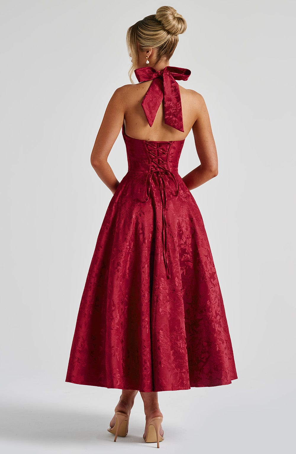 Satin Floral Jacquard Prom Midi Dress