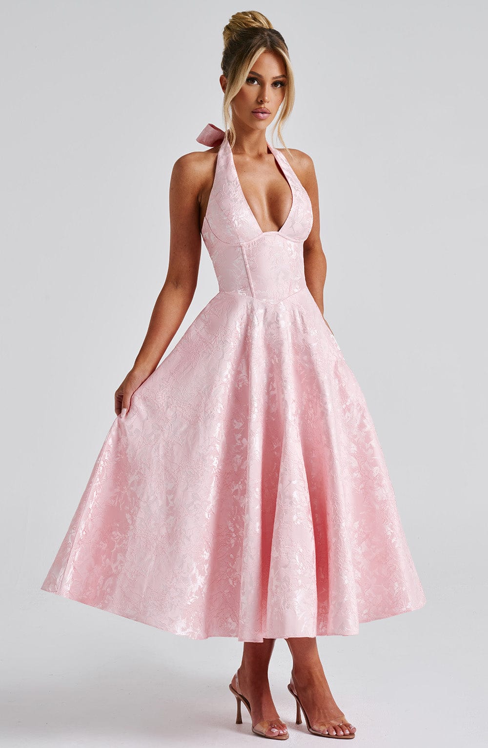 Satin Floral Jacquard Prom Midi Dress