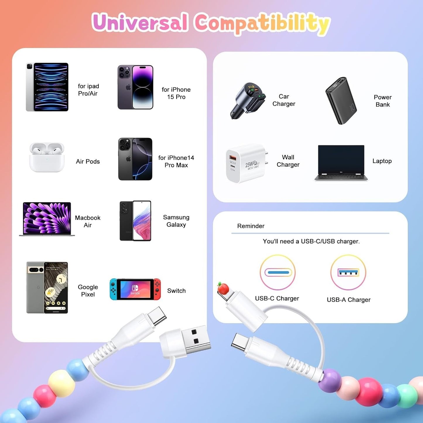 🔥 Beaded Charging Cords 🌈 Fit for all device USBC & Lightening or 2-in-1 data line Compatible ✨