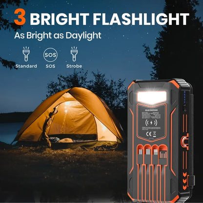 High-Capacity Solar Charger Power Bank, 6W Fast Charging, 4 Built-in Cables & 7 Outputs