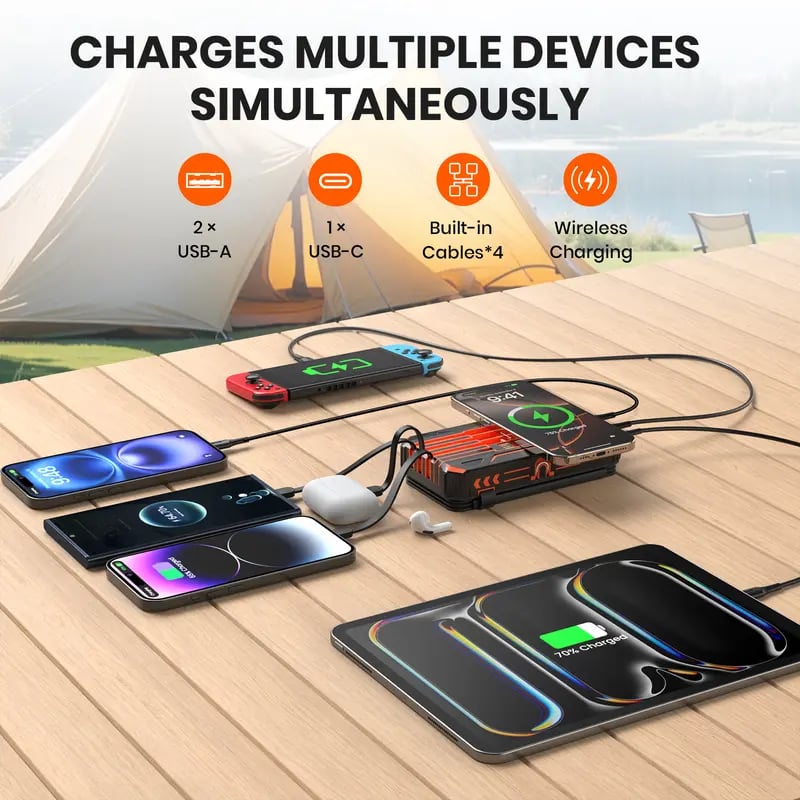 High-Capacity Solar Charger Power Bank, 6W Fast Charging, 4 Built-in Cables & 7 Outputs