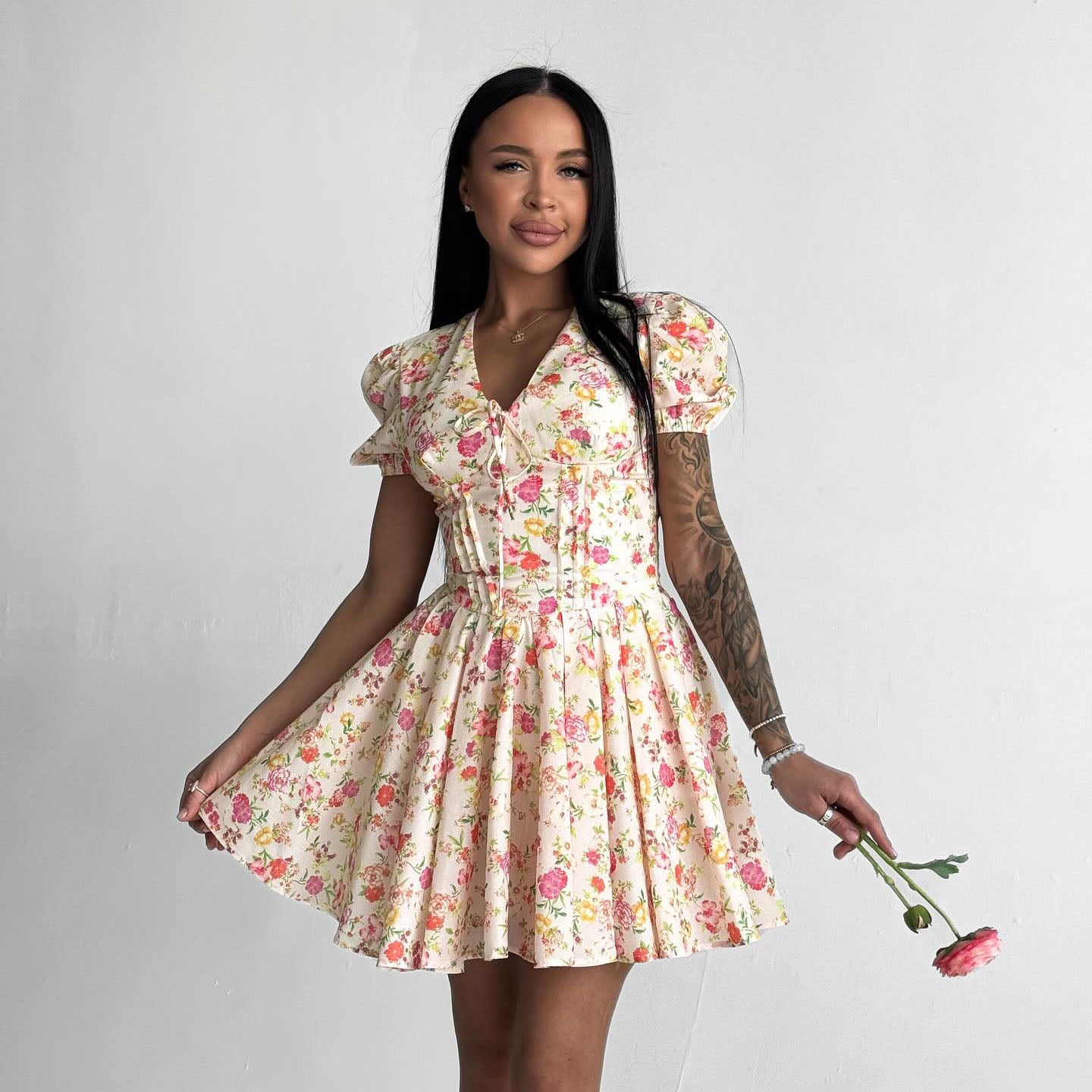 Sweetheart Floral Bubble Sleeve Dress