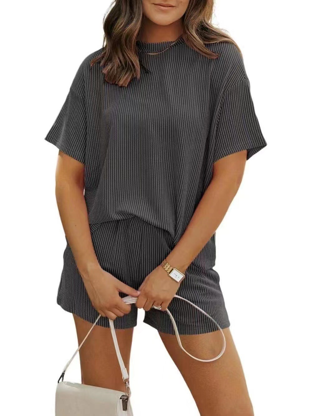 Women's Solid Twisted Ribbed Knit Textured Pocket Shorts Set