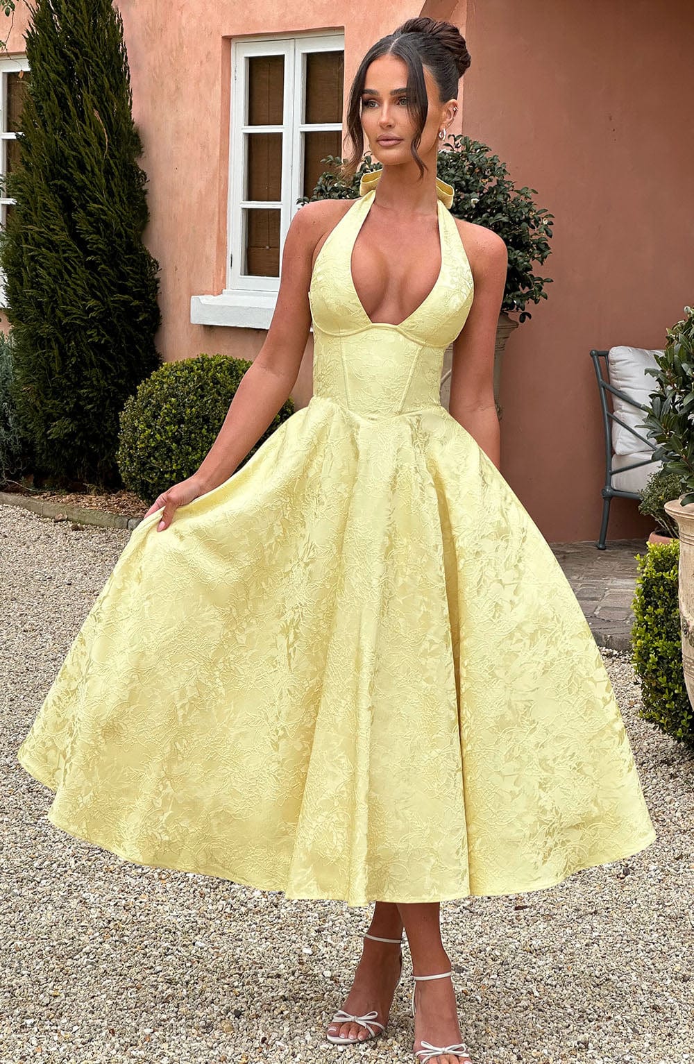Satin Floral Jacquard Prom Midi Dress