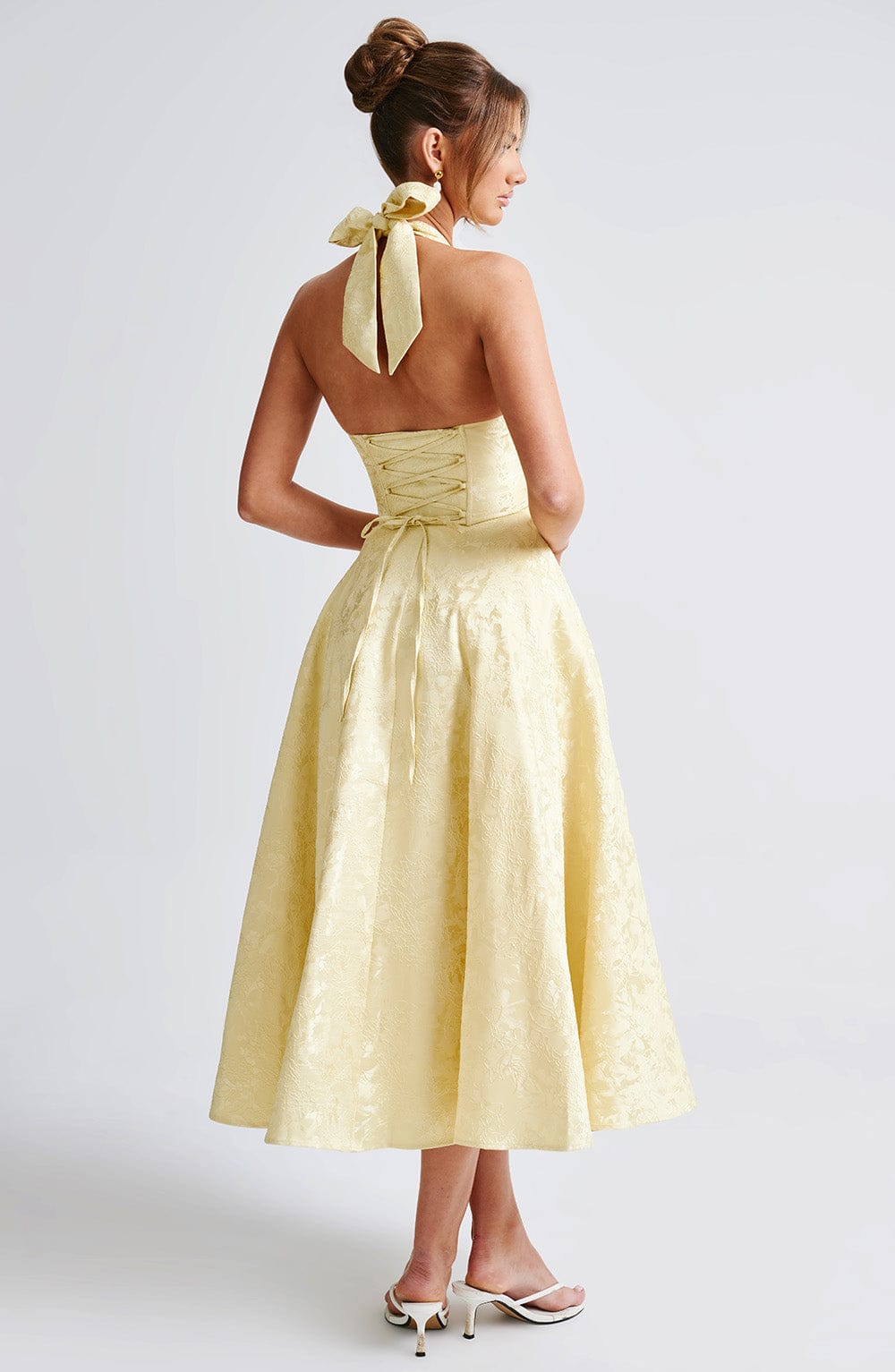Satin Floral Jacquard Prom Midi Dress
