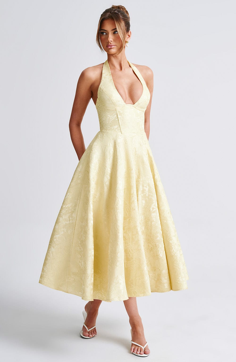 Satin Floral Jacquard Prom Midi Dress