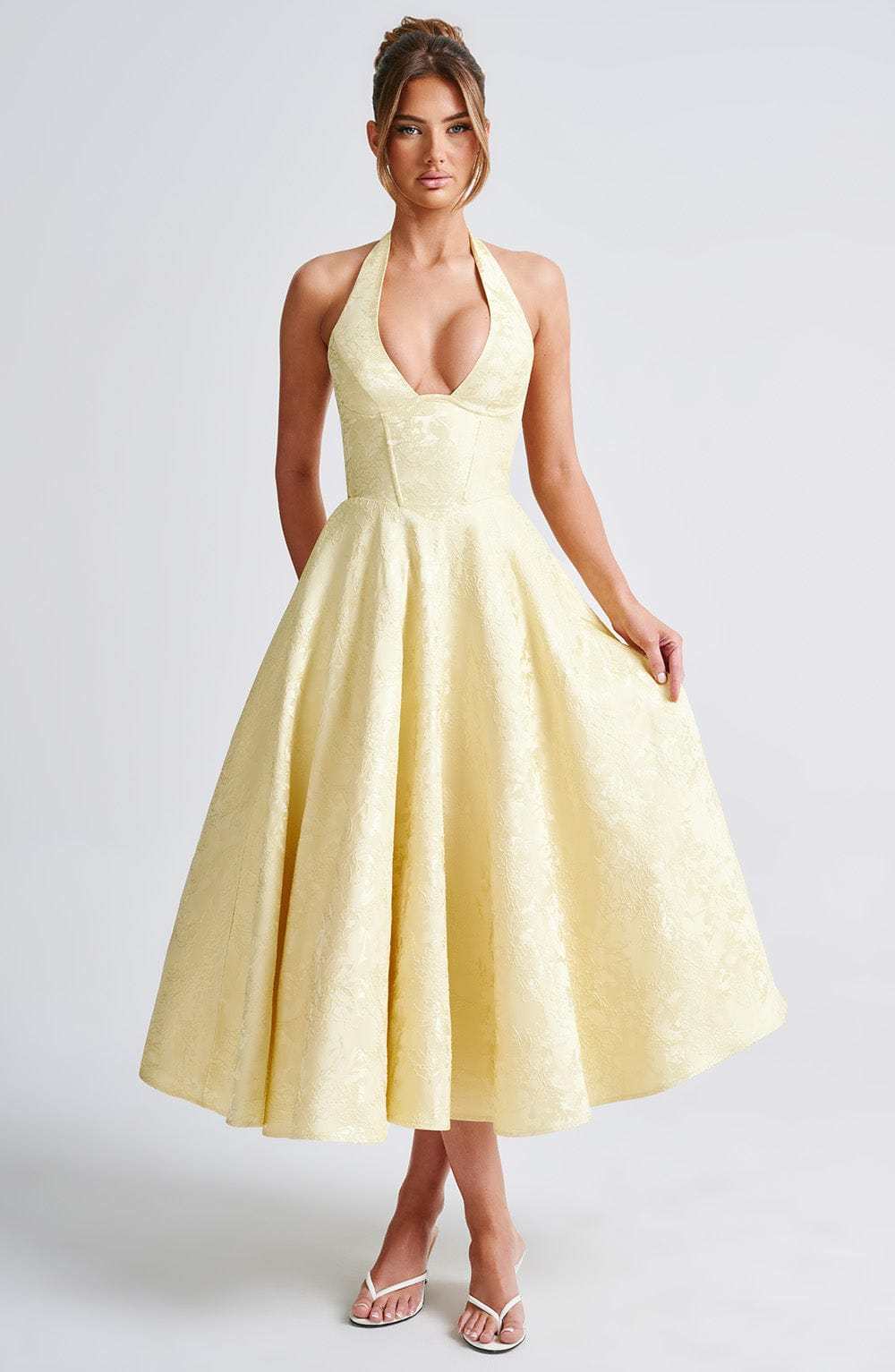Satin Floral Jacquard Prom Midi Dress