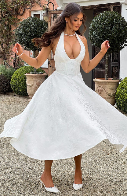 Satin Floral Jacquard Prom Midi Dress