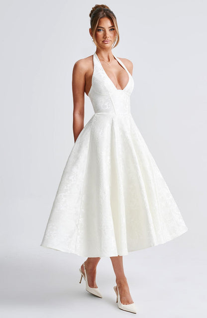 Satin Floral Jacquard Prom Midi Dress