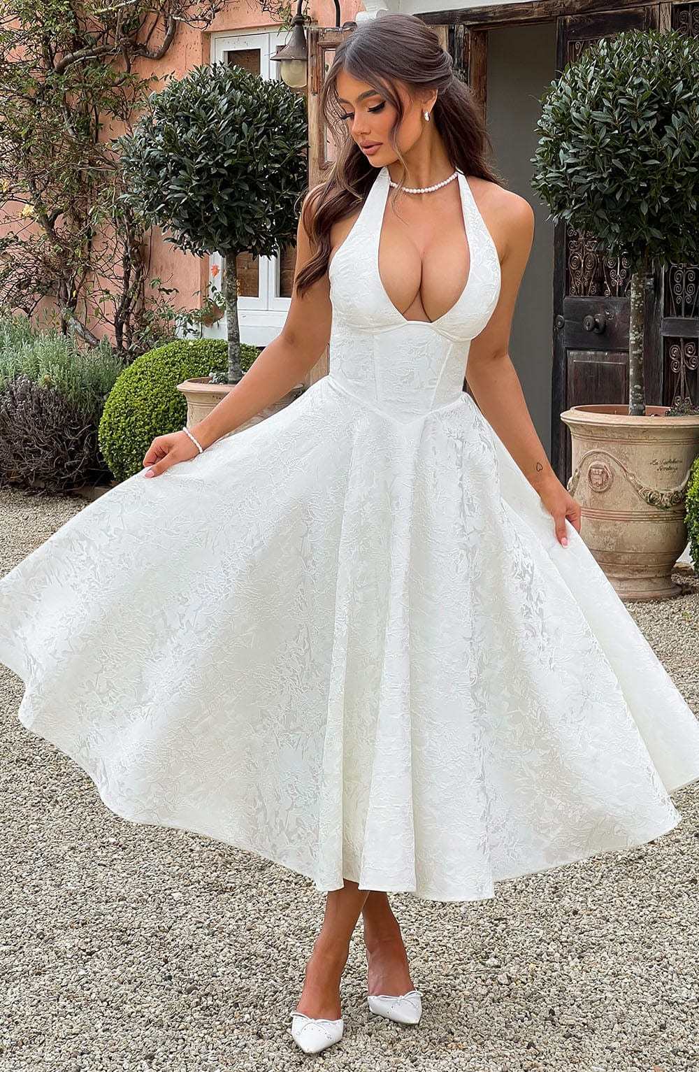 Satin Floral Jacquard Prom Midi Dress