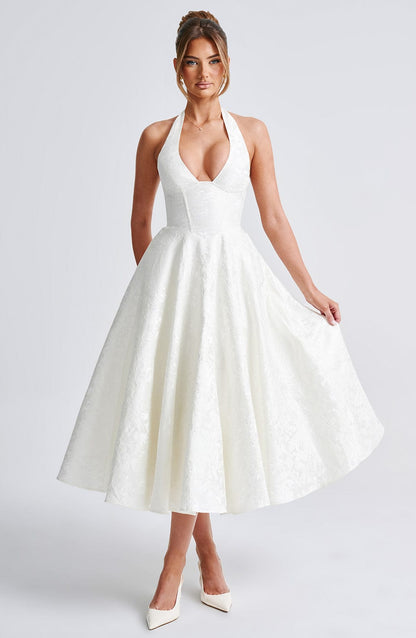 Satin Floral Jacquard Prom Midi Dress