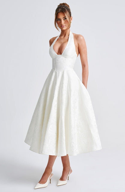 Satin Floral Jacquard Prom Midi Dress