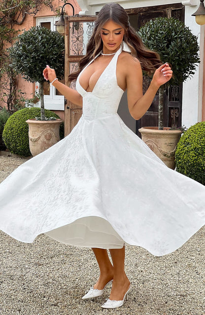 Satin Floral Jacquard Prom Midi Dress