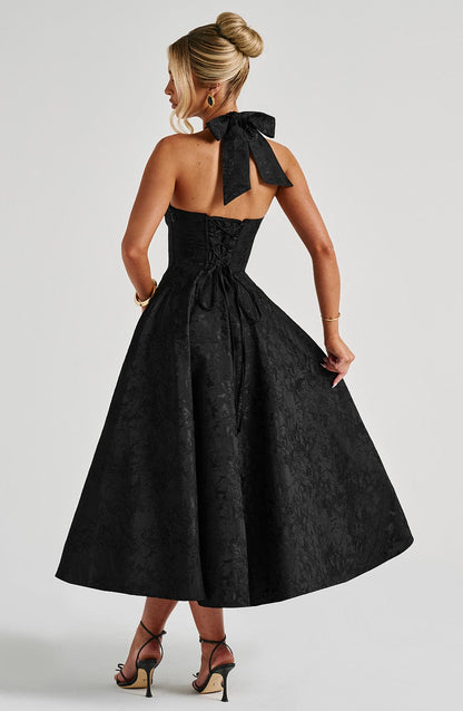 Satin Floral Jacquard Prom Midi Dress