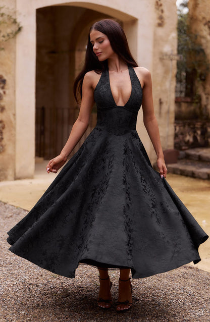 Satin Floral Jacquard Prom Midi Dress