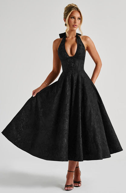 Satin Floral Jacquard Prom Midi Dress