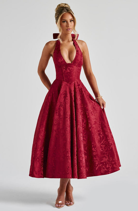 Satin Floral Jacquard Prom Midi Dress