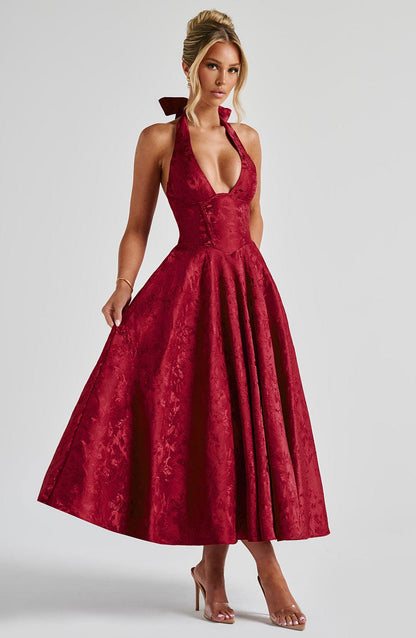 Satin Floral Jacquard Prom Midi Dress