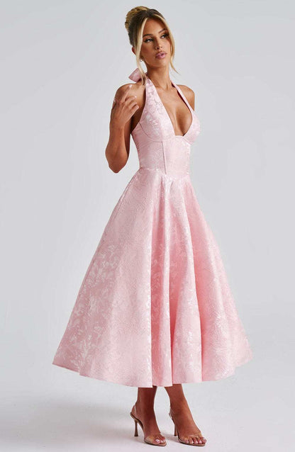 Satin Floral Jacquard Prom Midi Dress