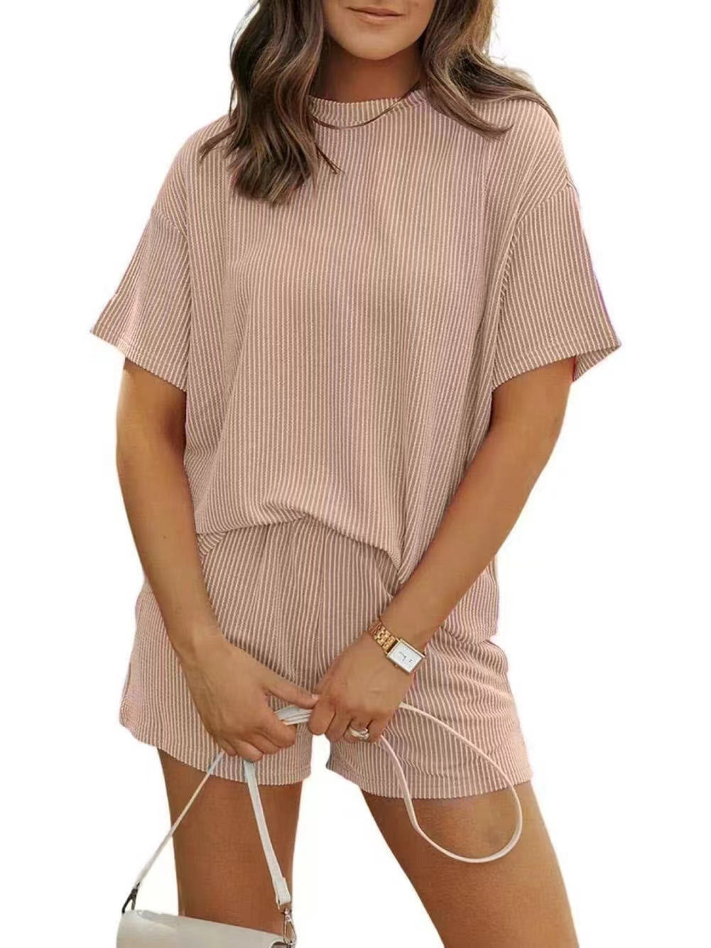 Women's Solid Twisted Ribbed Knit Textured Pocket Shorts Set