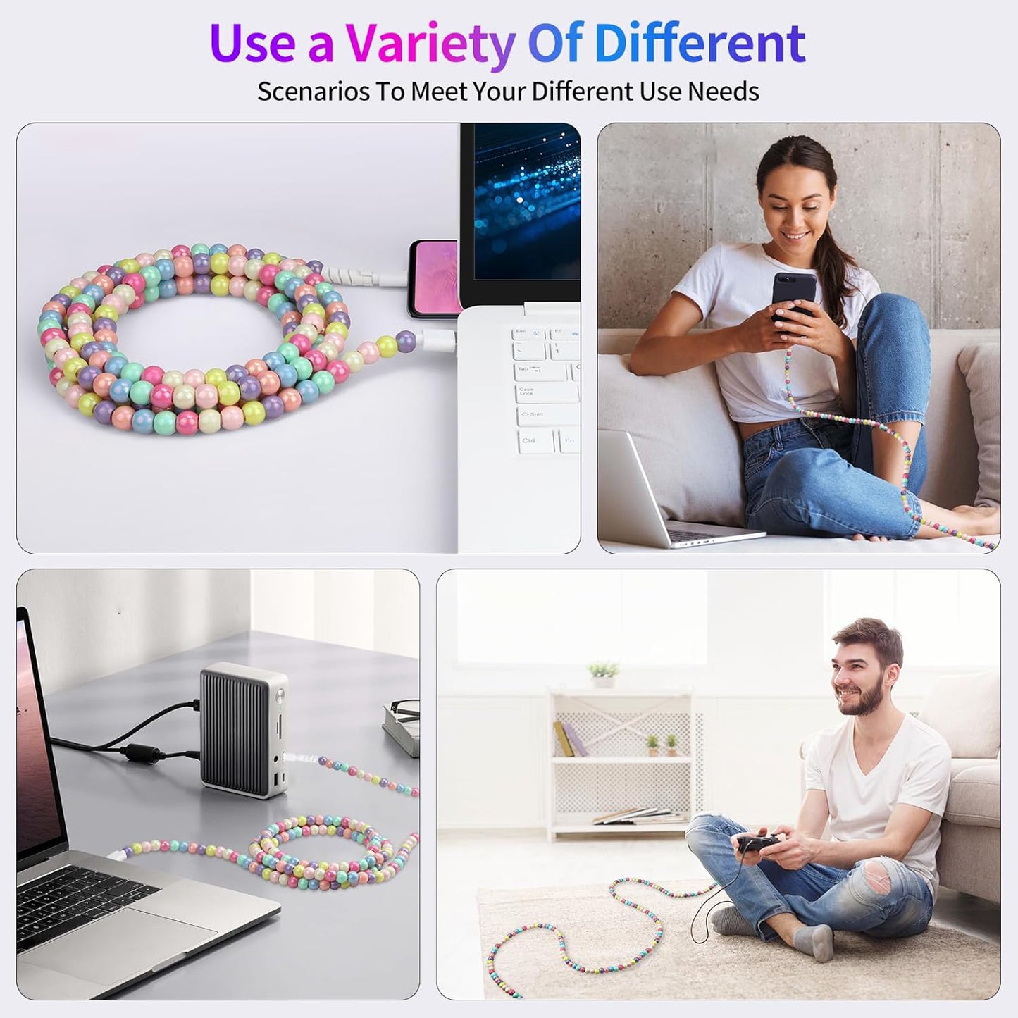 🔥 Beaded Charging Cords 🌈 Fit for all device USBC & Lightening or 2-in-1 data line Compatible ✨