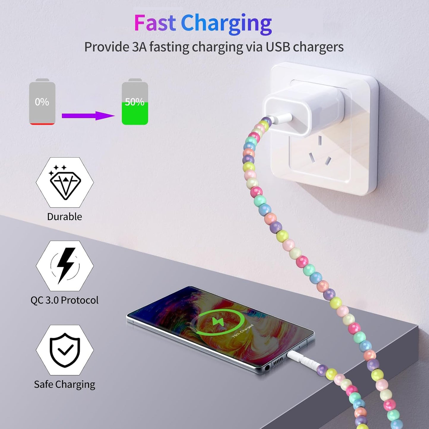 🔥 Beaded Charging Cords 🌈 Fit for all device USBC & Lightening or 2-in-1 data line Compatible ✨