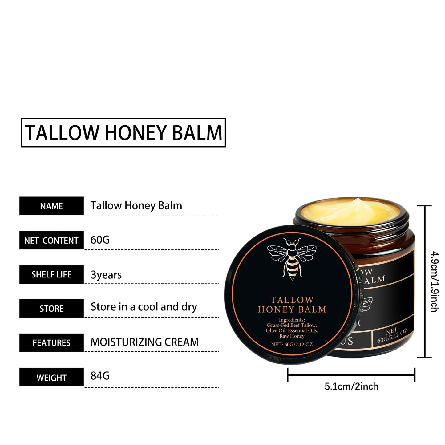 🍯Handmade Organic Grass-Fed Beef Tallow Balm with Raw Honey 🌿