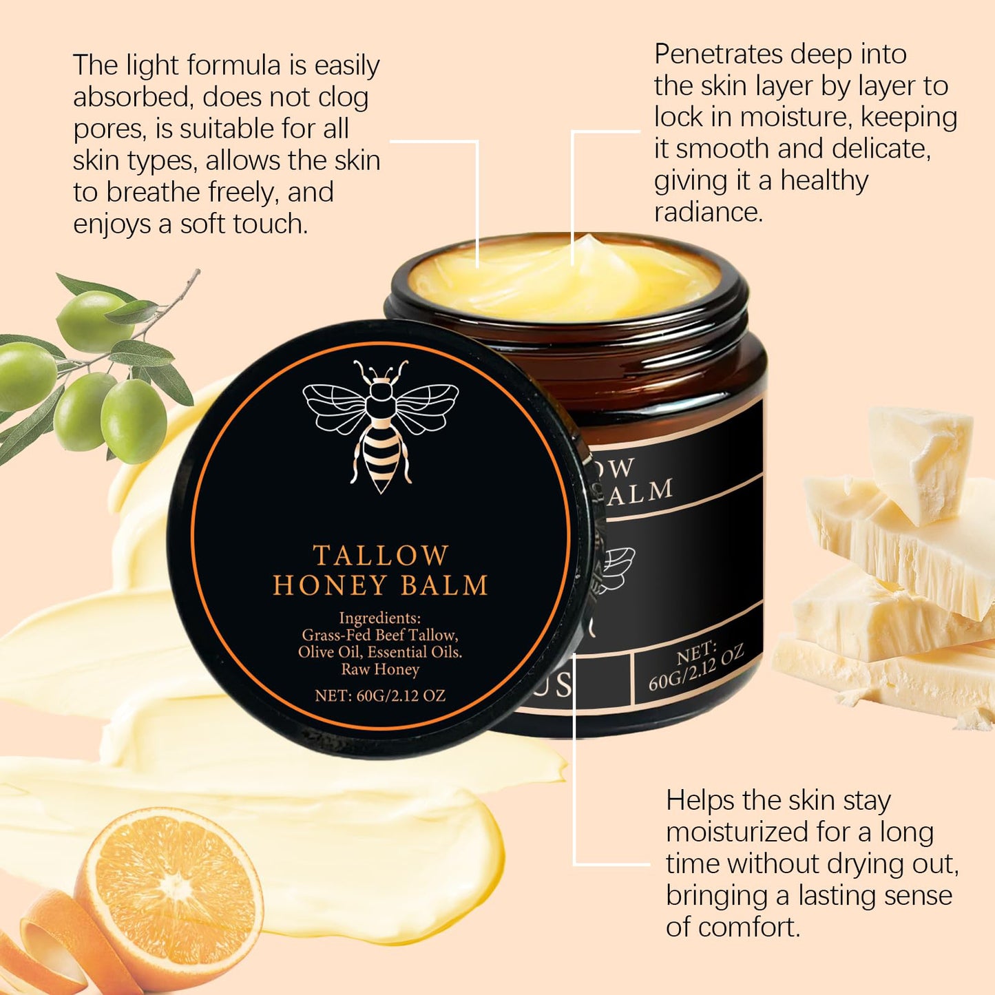 🍯Handmade Organic Grass-Fed Beef Tallow Balm with Raw Honey 🌿